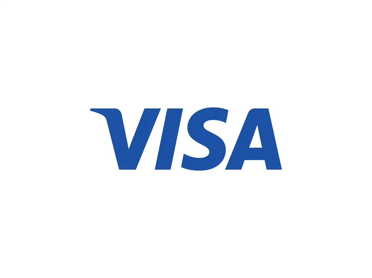 Логотип платёжной системы Visa, белый фон, стандартный синий шрифт
